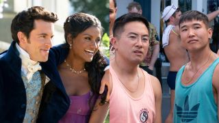 From left to right: Jonathan Bailey and Simone Ashley smiling together on Bridgerton and Bowen Yang and Joel Kim Booster in Fire Island.