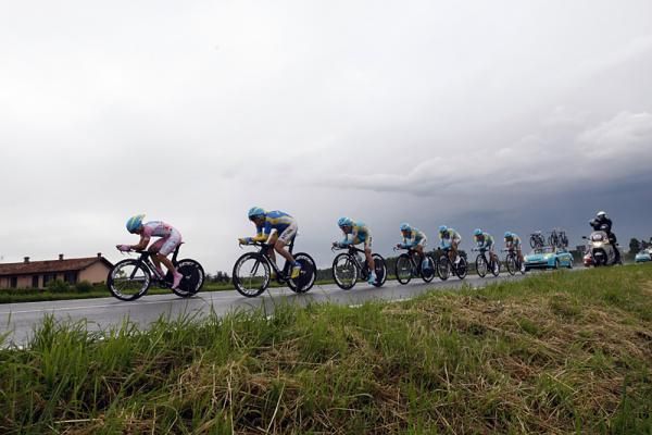 Team Astana time trials on the wet roads of Italy during the Giro d'Italia.