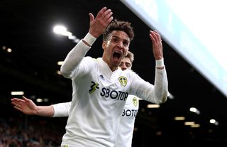 Rodrigo of Leeds United reacts during the Premier League match between Leeds United and Norwich City at Elland Road on March 13, 2022 in Leeds, England.