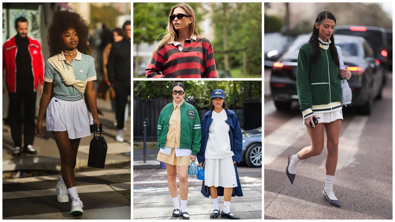 A graphic of four women wearing tennis outfits with blue zip ups, green sweaters, blue polo, and white tennis skirts