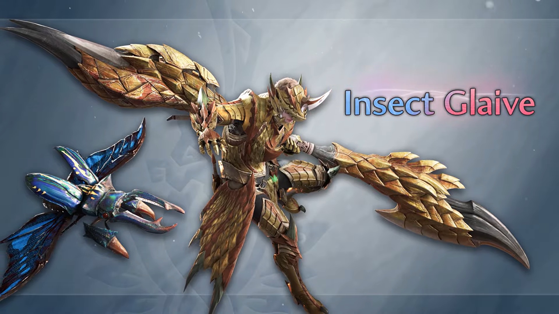 A warrior in ornate golden dragon-like armor wielding a large bladed staff, accompanied by a metallic blue insect, with the text Insect Glaive.
