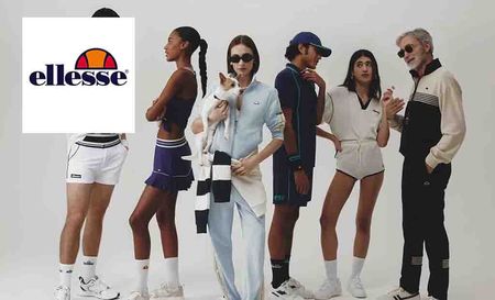 Ellesse logo at the top left with 6 people posing, chatting in ellesse outfits and a woman holding a dog