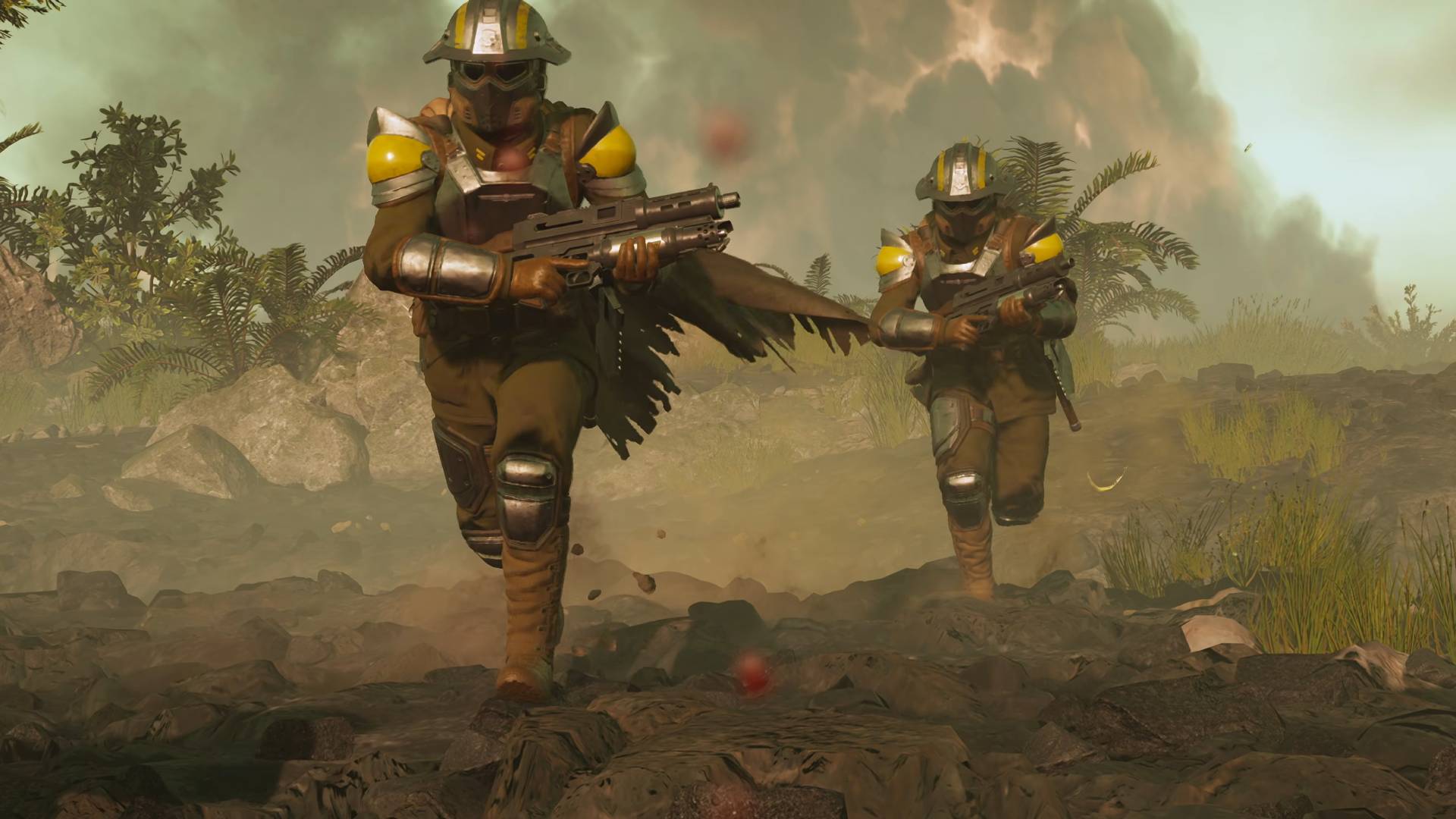 Helldivers 2 Entrenched Division warbond helldivers in sapper armor running across no-man's-land 