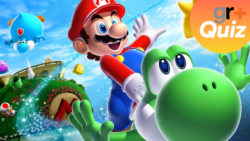 Super Mario and Yoshi flying through the air in Super Mario Galaxy with the GR+Quiz logo on the top right