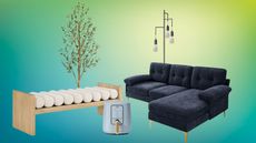 collage with walmart furniture like bench, sofa, light, olive tree and blue air fryer