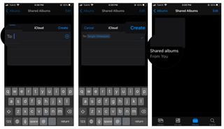 How to create a new Shared album by showing steps: Enter the names of the people you want to share your album with, tap on Create. Tap on Shared album