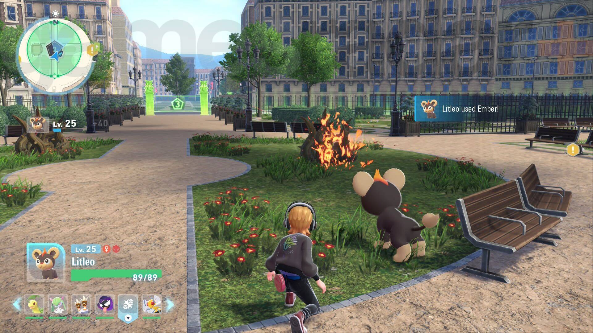 A Litleo burning brambles in Pokemon Legends: Z-A using its Ember attack.