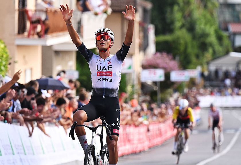 PECCIOLI, ITALY - SEPTEMBER 11: Isaac Del Toro of Mexico and UAE Team Emirates - XRG celebrates at finish line as race winner during the 73rd Gran Premio citta di Peccioli - Coppa Sabatini 2025 a 197.6km one day race from Peccioli to Peccioli on September 11, 2025 in Peccioli, Italy. (Photo by Luc Claessen/Getty Images)