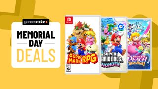Nintendo Switch games on a yellow background with Memorial Day deals badge