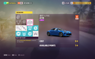 Forza Horizon 5 skill points page for the 2017 Alpine A110