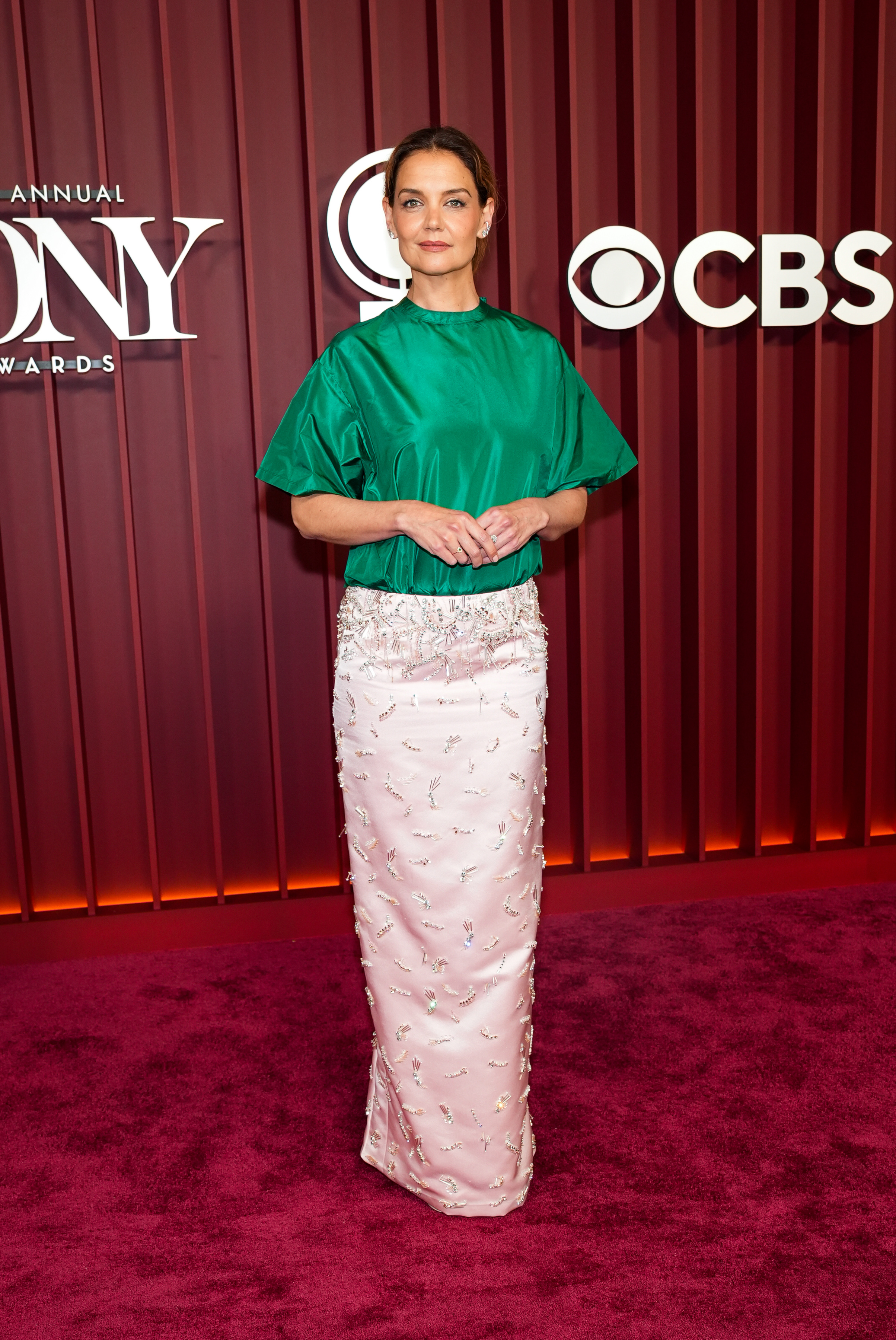 Katie Holmes wearing a colorblock Prada look at the 2025 tony awards