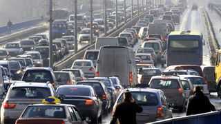 A freeway with traffic jammed in both directions