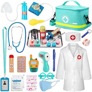 Sundaymot Doctors Set for Kids, 34 Pcs Kids Doctors Wooden Kit, With Real Stethoscope Portable Doctors Bag and Syringe, Role Play Toys Doctor Set for Kids 3+ Year Old