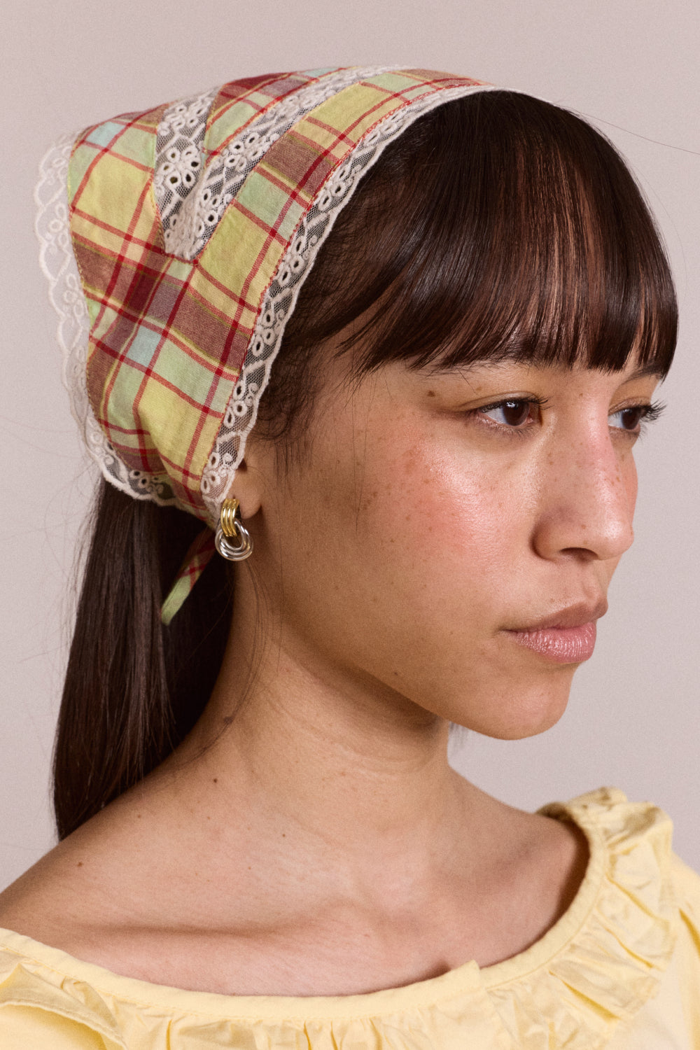 Triangle Headscarf With Lace Detail - Celery Check