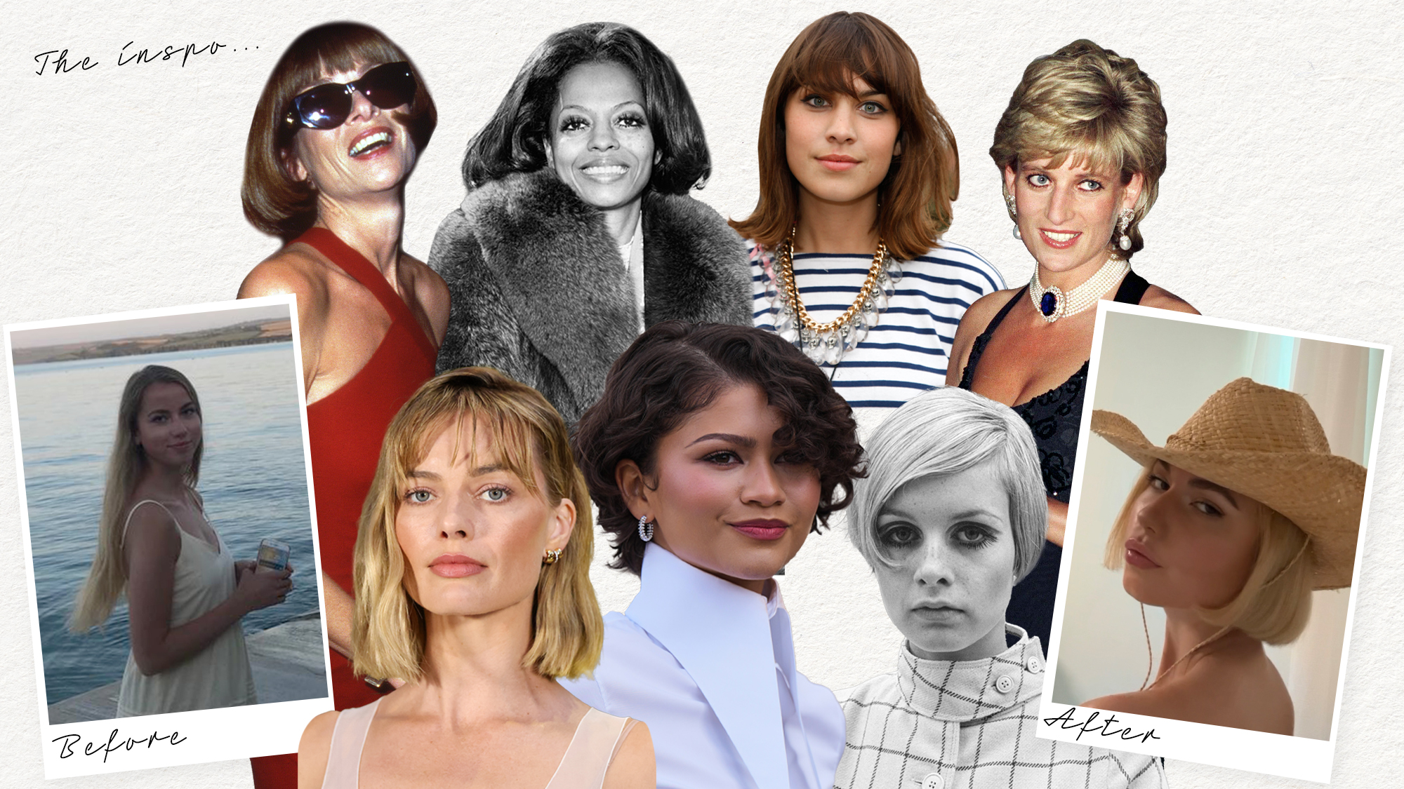 A collage of short haircuts throughout history, and a before and after of Eve Williams with long and short hair