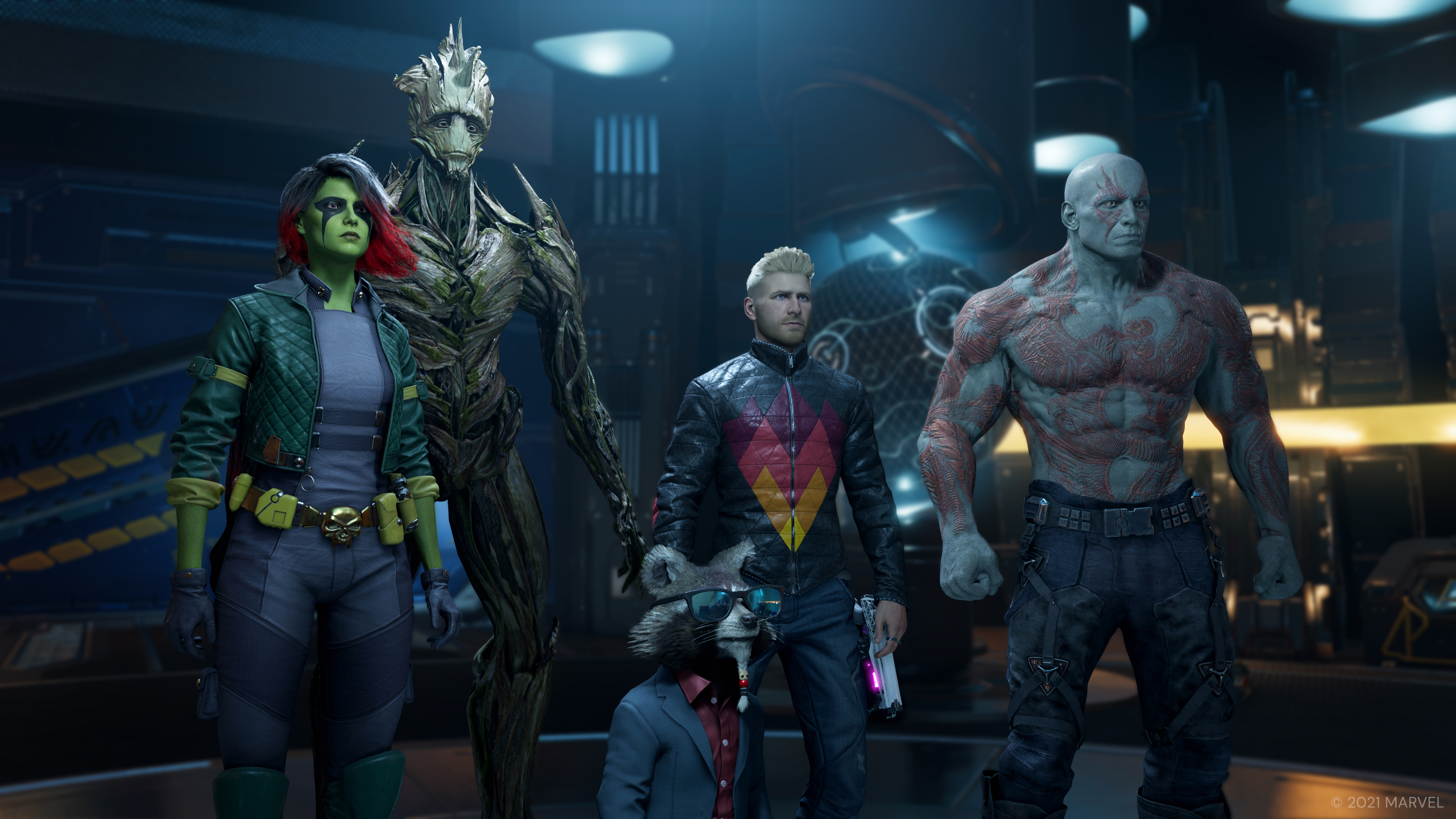 Gamora, Groot, Rocket, Star-Lord and Drax in Marvel's Guardians of the Galaxy