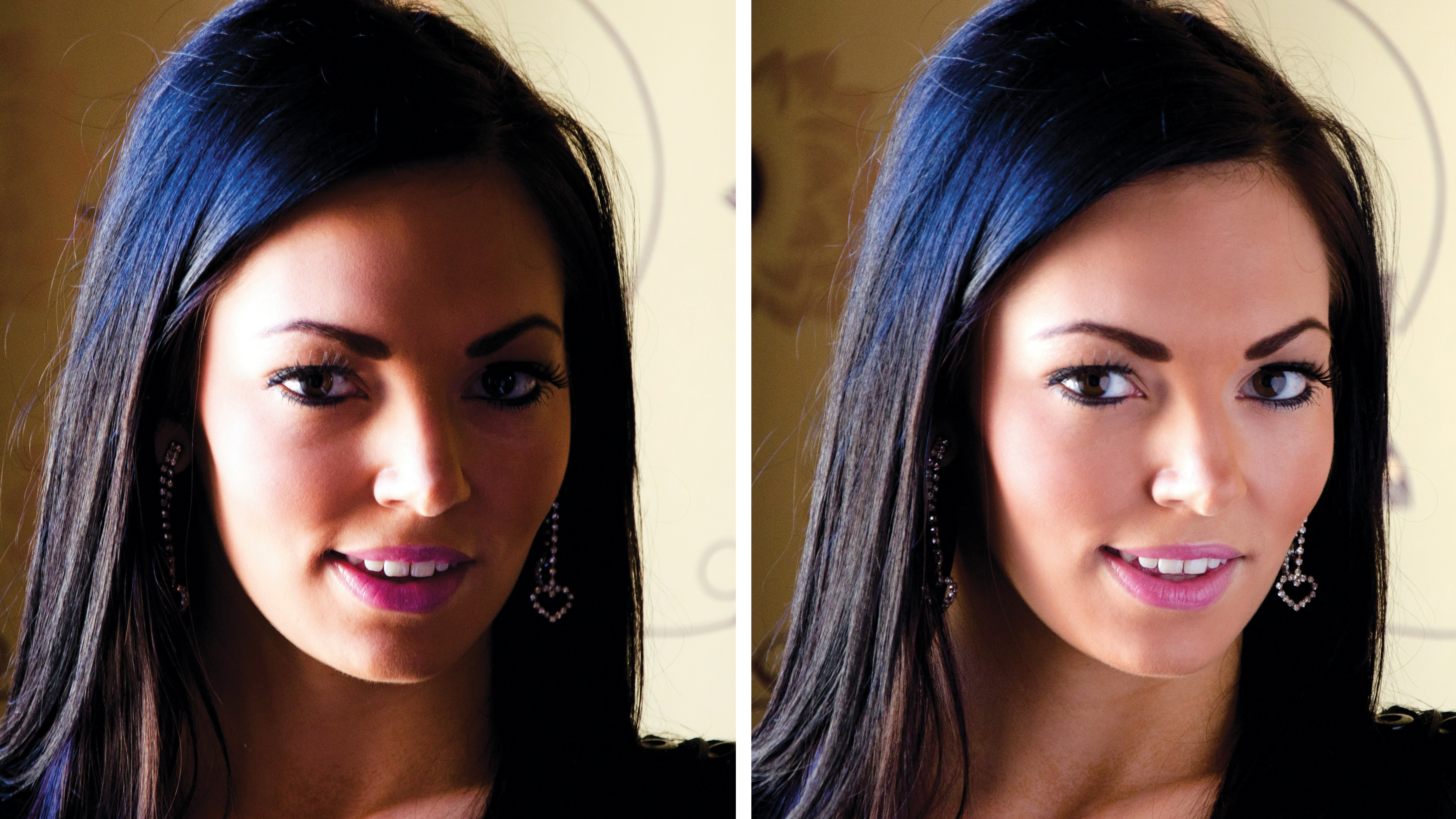 A reflector immediately improves a portrait lit by natural or ambient light. In the shot on the left (without the reflector) the shadows are strong and unflattering. In the shot on the right (with the reflector) the shadows are much softer, showing more facial detail and providing a more pleasing picture.