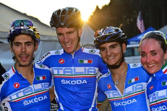 The victorious Italian team (from left) Marco Fontana, Gerhard Kerschbaumer, Gioele Bertolini and Eva Lechner after winning the Team Relay