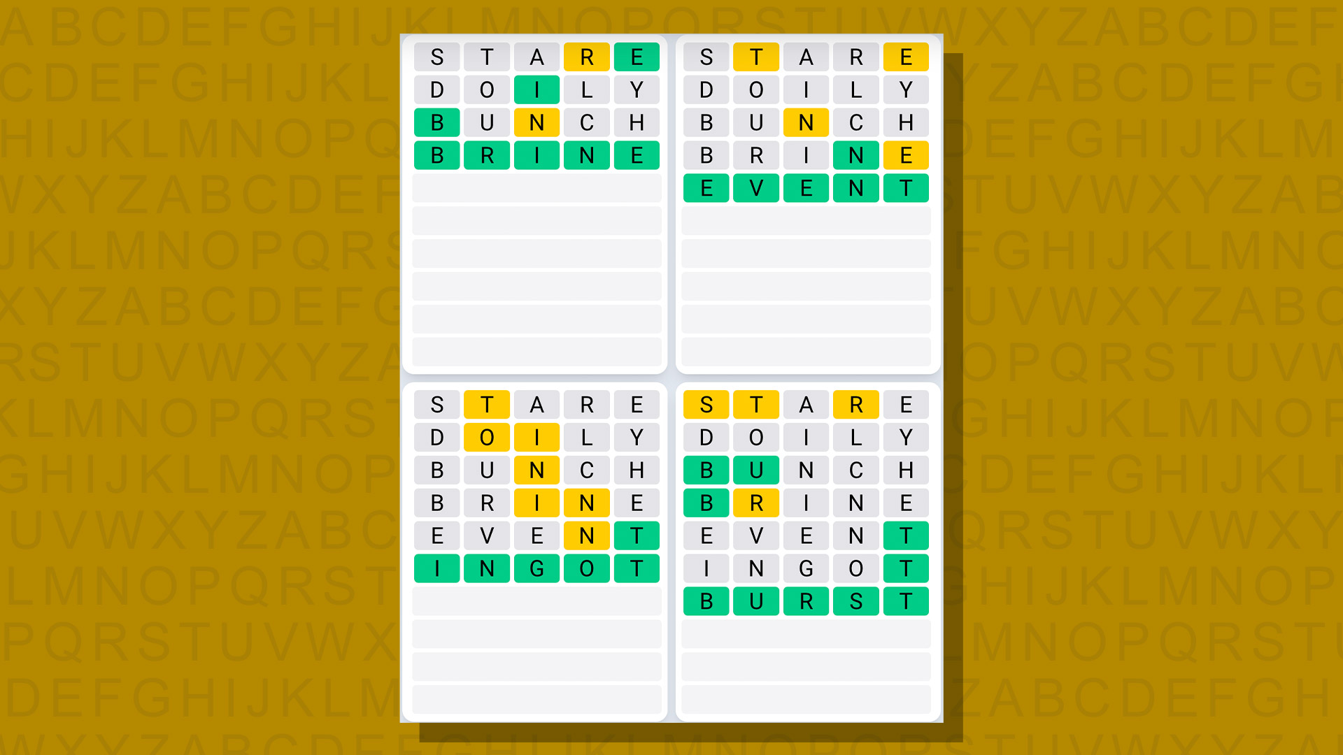 Quordle daily sequence answers for game 683 on a yellow background