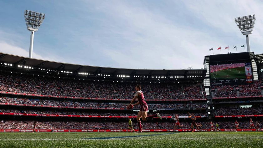 Brisbane Lions&#039; Joe Daniher taking a kick at the 2024 AFL Grand Final.