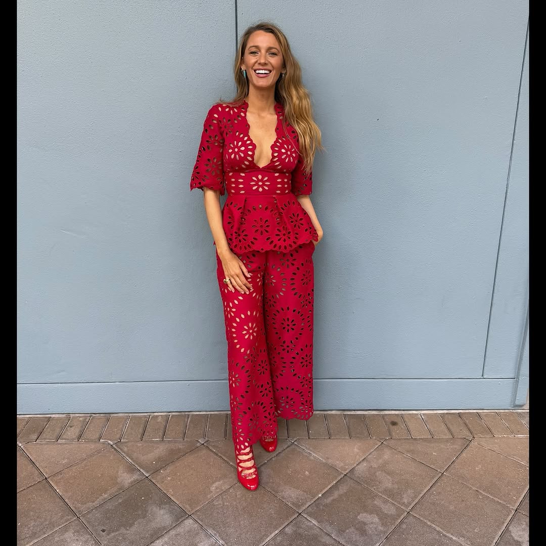 Blake Lively wore a peplum chili-flake red set from Elie Saab