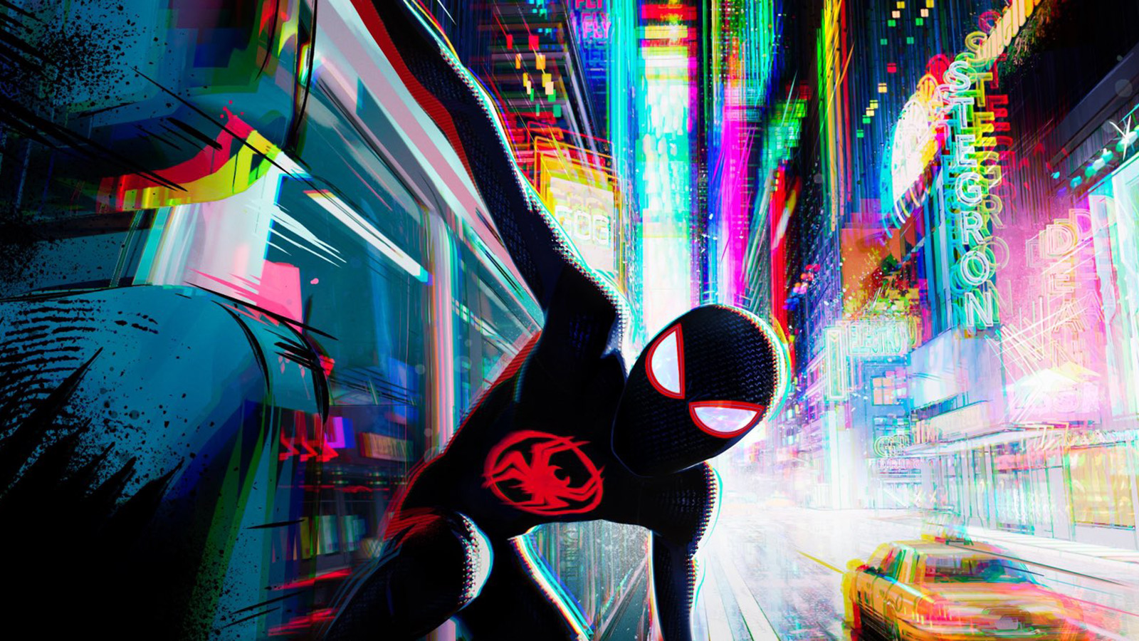 Miles Morales clinging to the side of a moving train in Spider-Man: Beyond the Spider-Verse