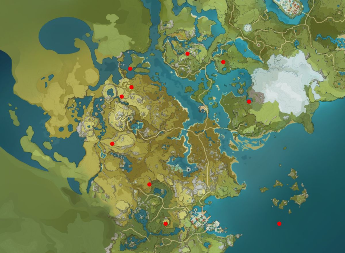 A Genshin Impact map of the shrine of depths locations. 