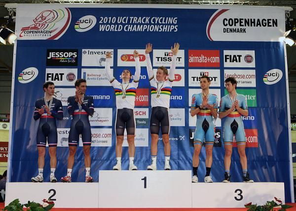 Leigh Howard and Cameron Meyer (Australia) on the top spot of the podium after they won the men's Madison.