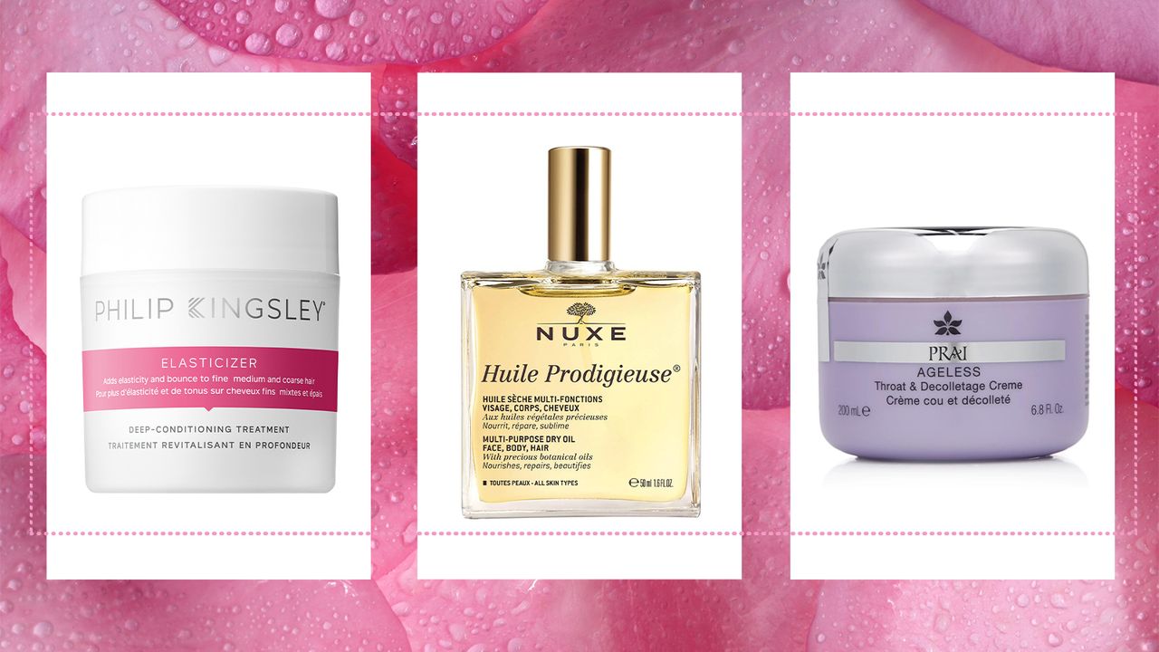 three picks from our M&amp;S beauty edit on a floral pink background