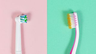 Are electric toothbrushes better than manual toothbrushes? image shows electric toothbrush and manual toothbrush