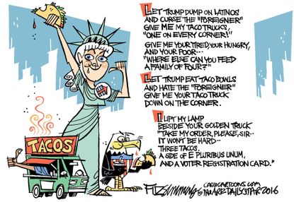 Political cartoon U.S. 2016 election Donald Trump taco trucks