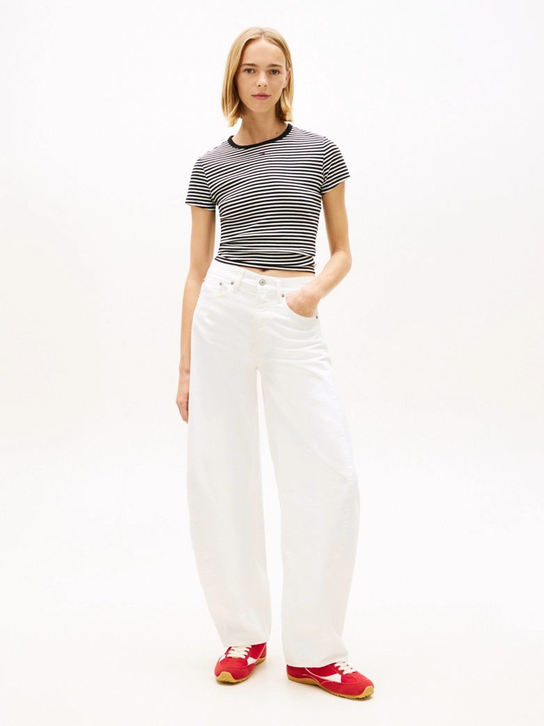 Mid Rise Twist Seam Barrel Leg White Jeans