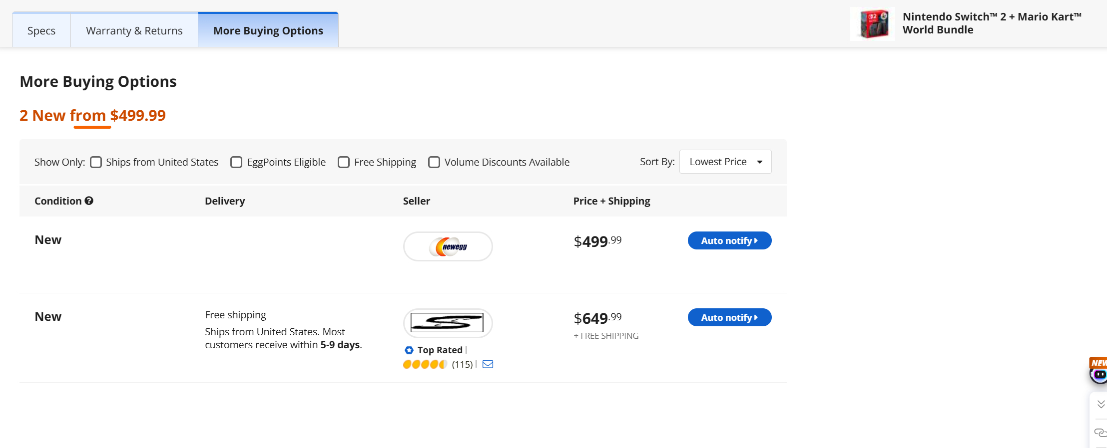 Newegg Nintendo Switch 2 listing page