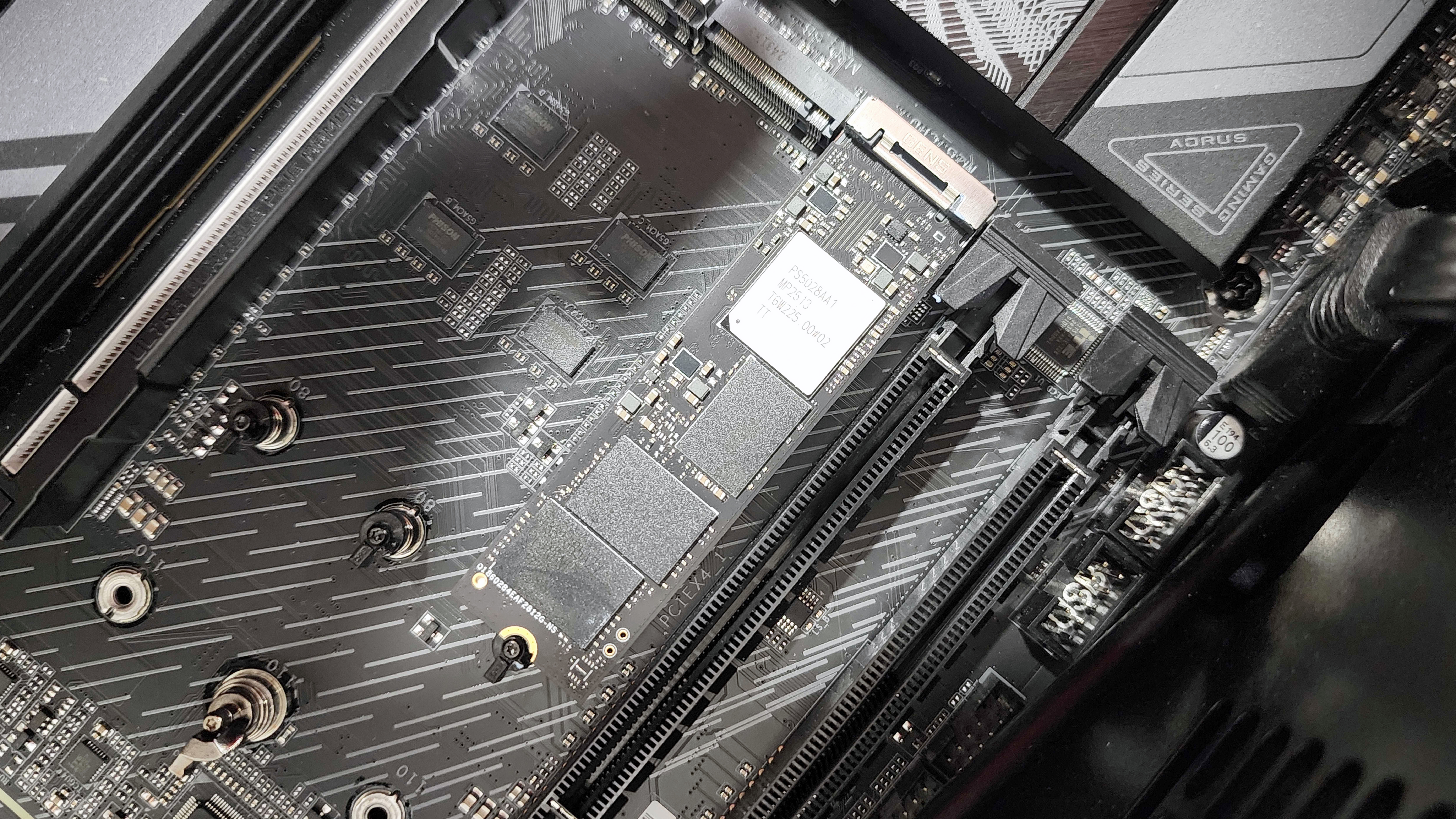 Phison E28 M.2 SSD installed in a desktop PC motherboard.