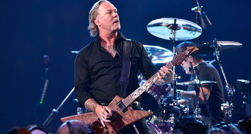 Metallica frontman James Hetfield performs onstage in front of drummer Lars Ulrich, and plays his Ken Lawrence custom Explorer-style electric guitar, nicknamed &quot;Sun&quot;.