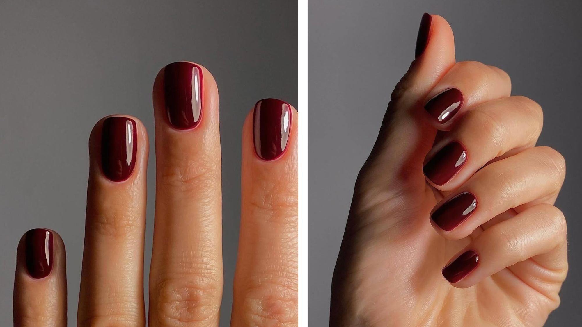 a close up of a woman&#039;s burgundy nails