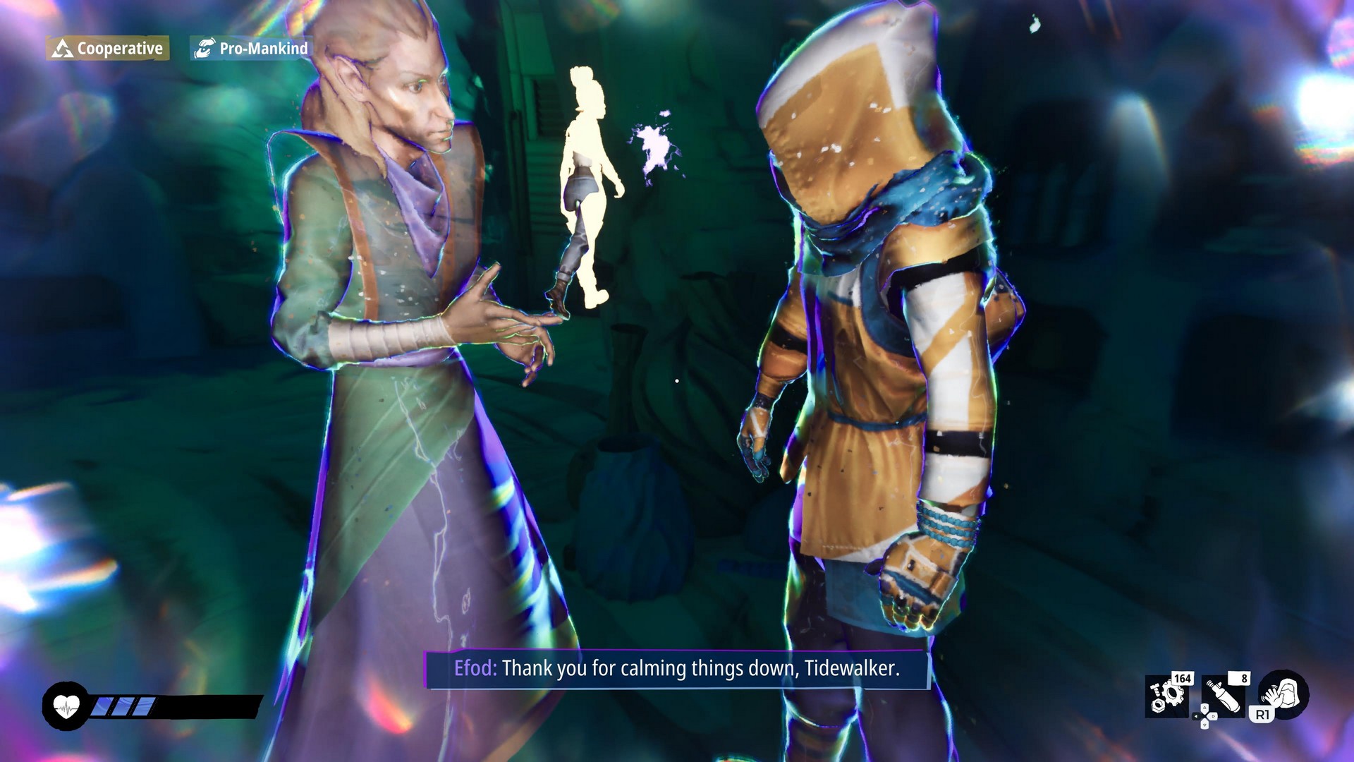 Efod thanks the Tidealker for calming down a situation in a vision in Tides of Tomorrow