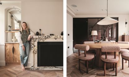 Left: Designer Anna Møller leans against a veined marble fireplace. Right: A view of the dining area featuring curved furniture and minimalist architectural details.