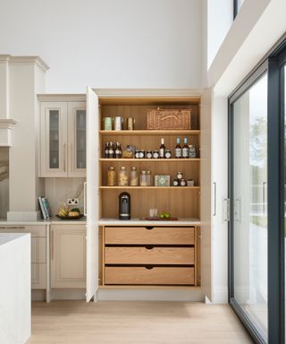 pantry cupboard open in kitchen with wooden interior, three deep drawers, shelving and coffee machine