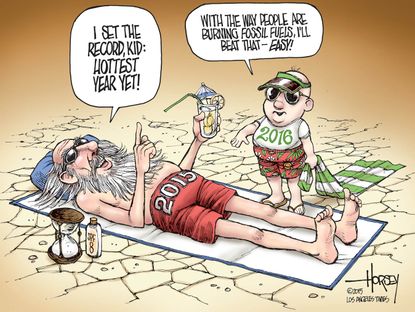 Editorial cartoon World New Year Fossil Fuels