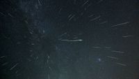 Dozens of meteors are photographed streaking towards the observed through a starry night sky.