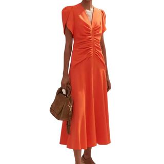 Orange Textured Pleat Front Midi Dress on model 