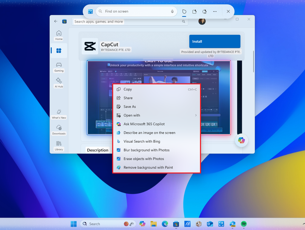 Click to Do actions menu