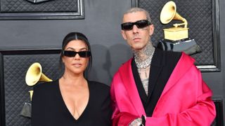 Kourtney Kardashian and musician Travis Barker arrive for the 64th Annual Grammy Awards at the MGM Grand Garden Arena in Las Vegas on April 3, 2022.