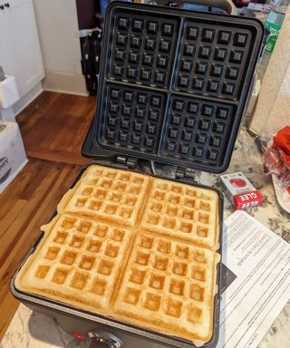 Making waffles in the Breville No-Mess Waffle Maker