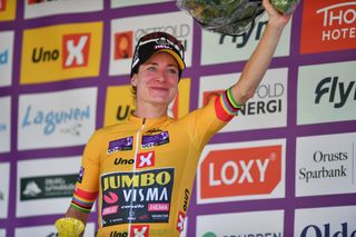SARPSBORG NORWAY AUGUST 11 Marianne Vos of Netherlands and Jumbo Visma Team Yellow Leader Jersey celebrates at podium during the 8th Tour of Scandinavia 2022 Battle Of The North Stage 3 a 1189km stage from Moss to Sarpsborg UCIWWT tourofscandinavia TOSC22 on August 11 2022 in Sarpsborg Norway Photo by Luc ClaessenGetty Images
