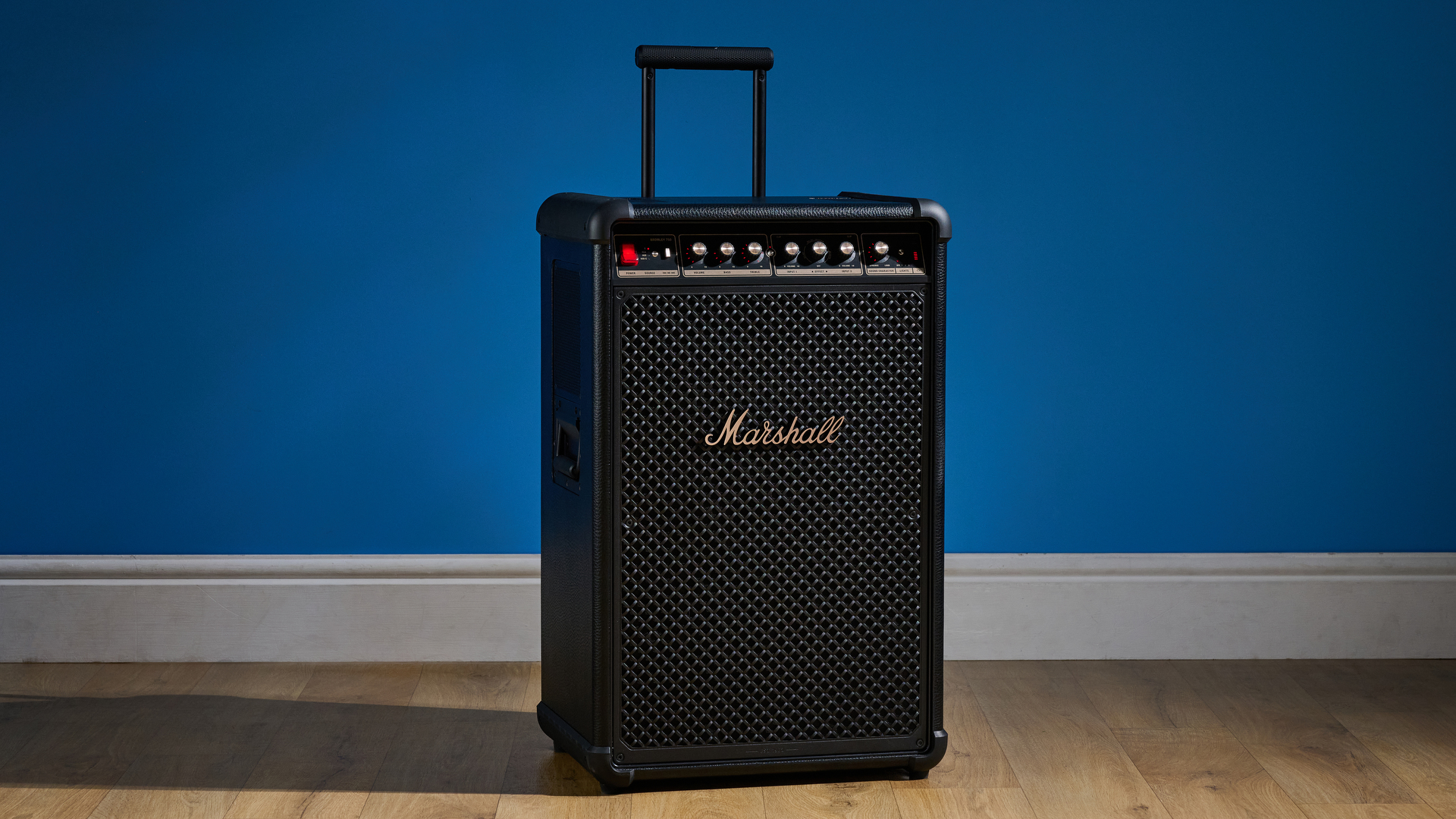 A black and brass Marshall Bromley 750 party speaker