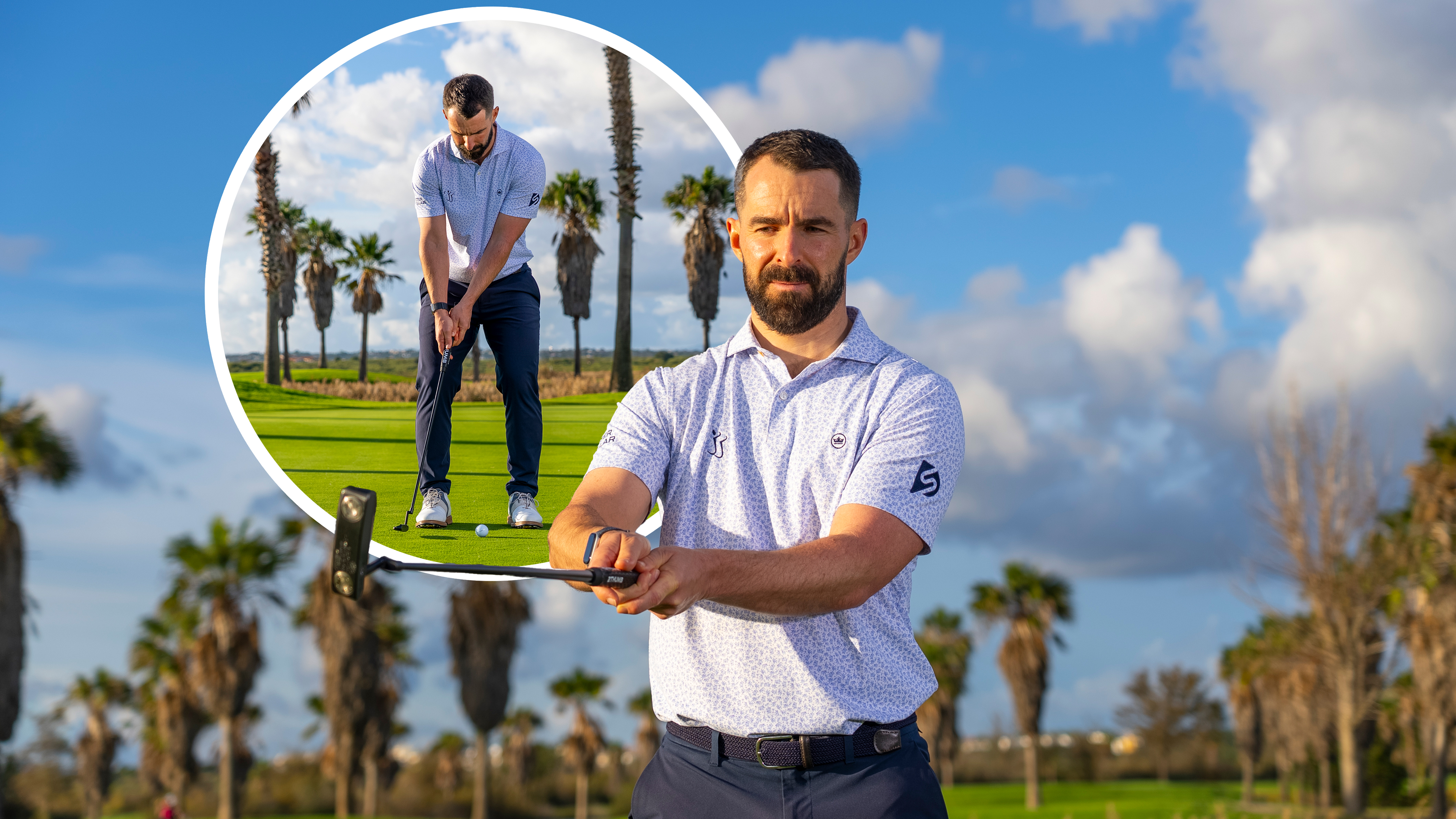 James Jankowski showing a common putting myth about how the putter is believed to move in the stroke, showing the angle of the face from a horizontal plane, with an inset of James hitting a putt
