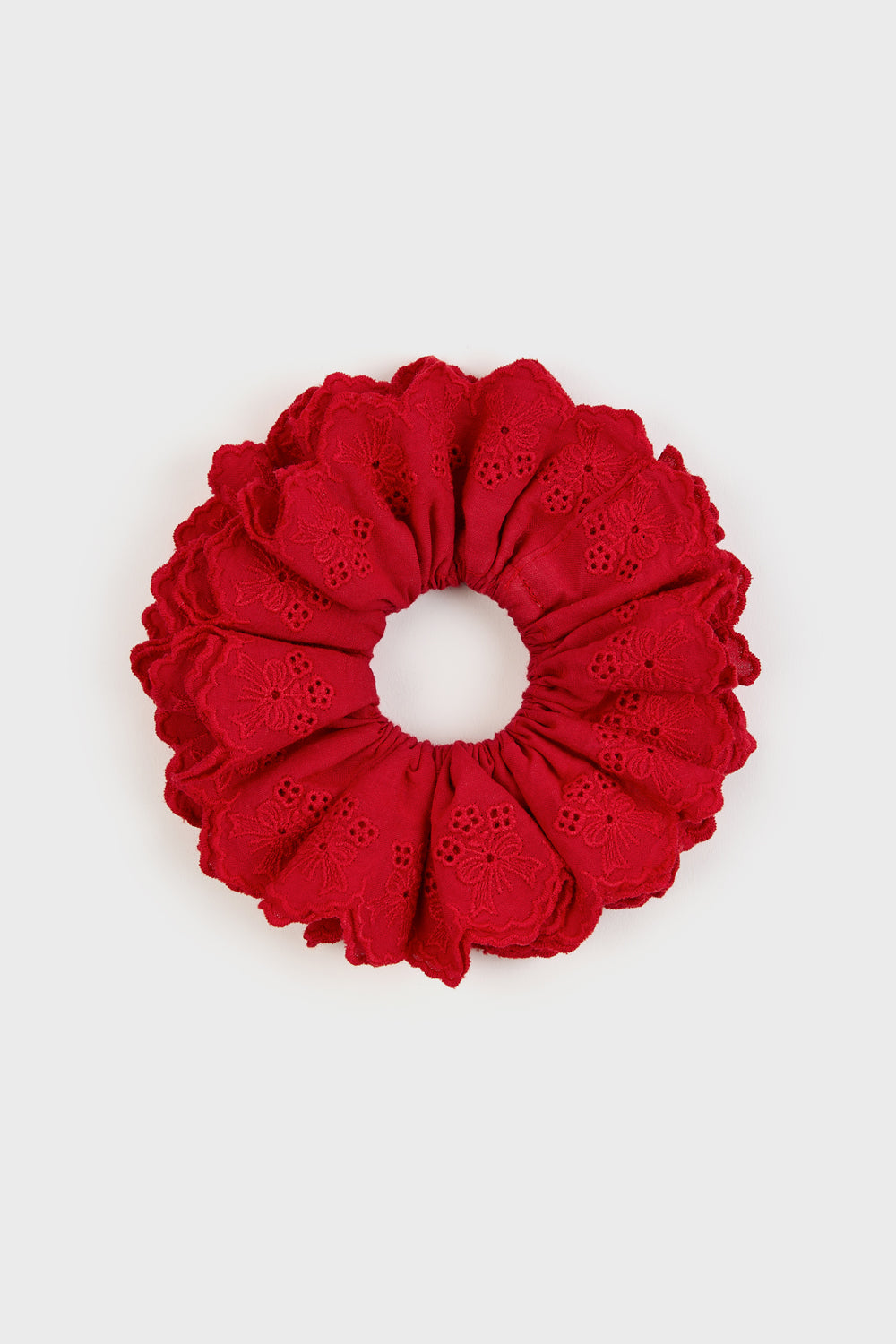 Red Floral Ribbon Cluster Embroidered Scrunchie
