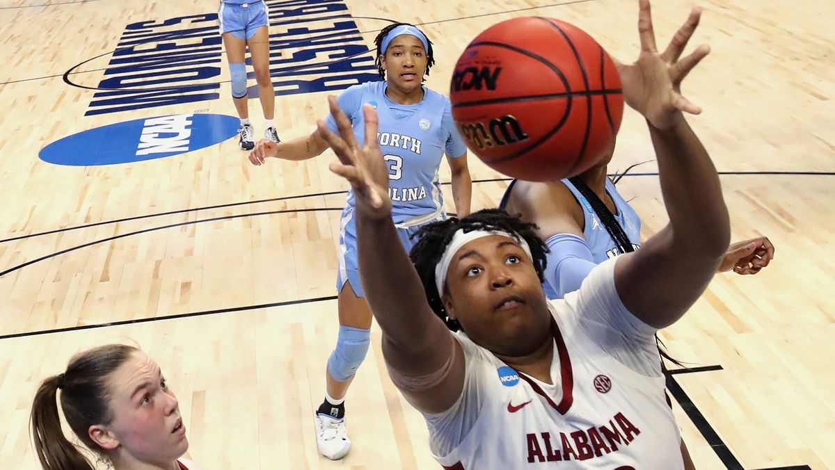 Ariyah Copeland #22 of the Alabama Crimson Tide grabs a rebound against the North Carolina Tar Heels in the first round game of the 2021 NCAA Women&#039;s Basketball Tournament at the Alamodome on March 22, 2021 in San Antonio, Texas.